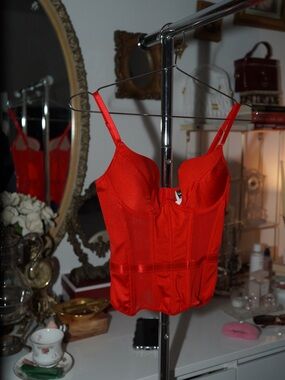 Cherry Red Satin & Mesh Underwire Corset Bustier Top ❤️